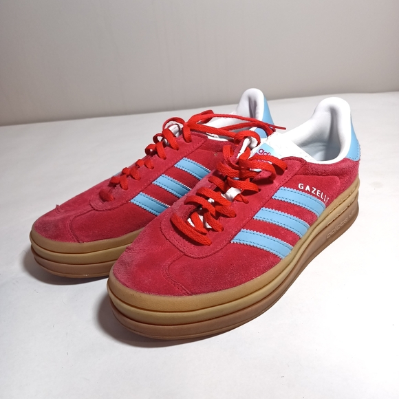 adidas Shoes - Adidas Gazelle Red Suede Sneakers Light Blue Stripes Unisex Women's 8.5 Mens 7.5